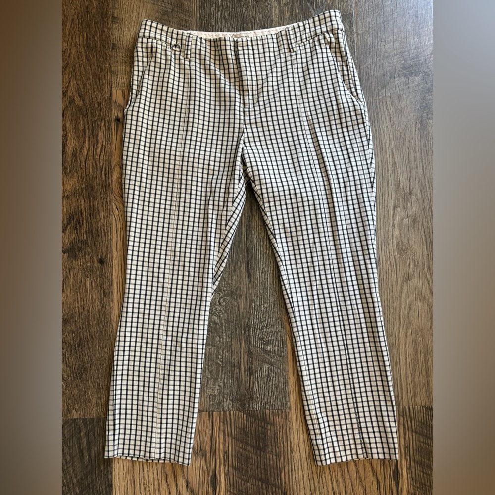 Anthropologie The Essential Slim Pant Check Grid‎ Plaid Print Ankle Wht/Blk Sz 8